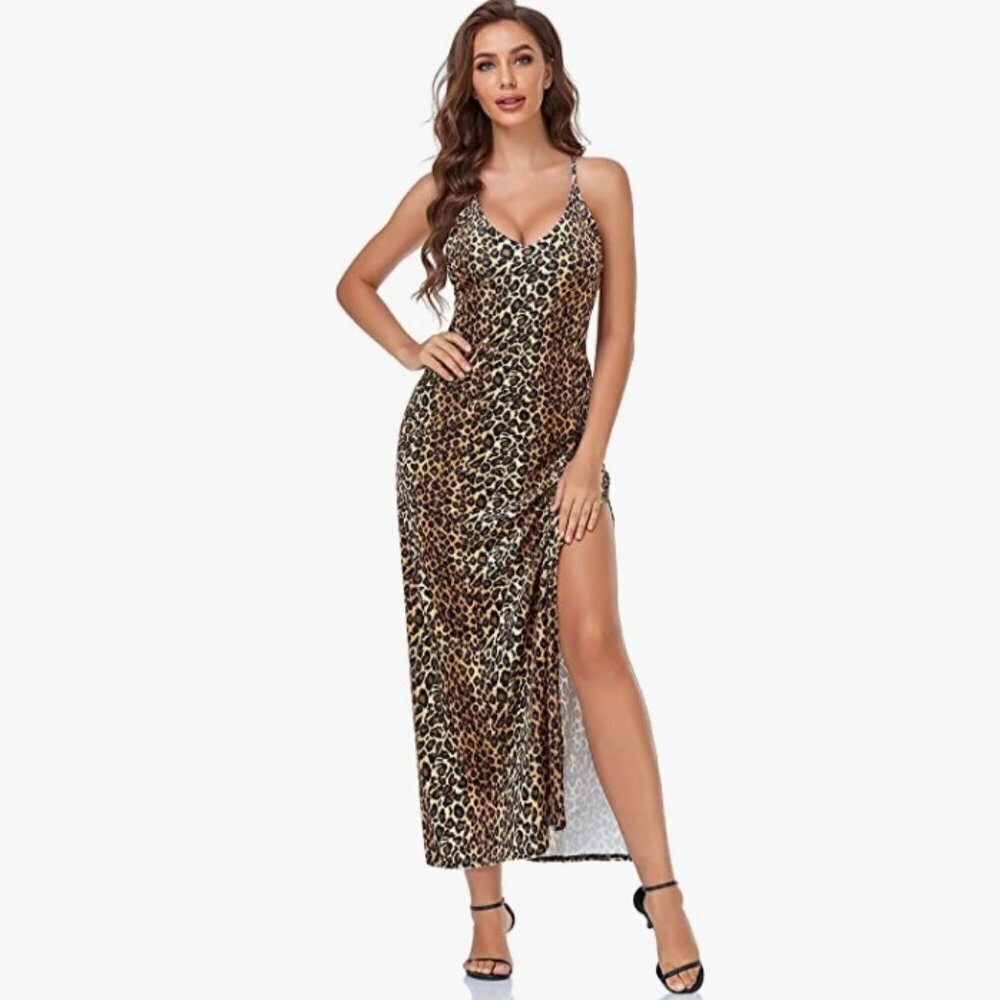 V Neck Spaghetti Straps Velvet Maxi Dress Backless Double High Slit, Small